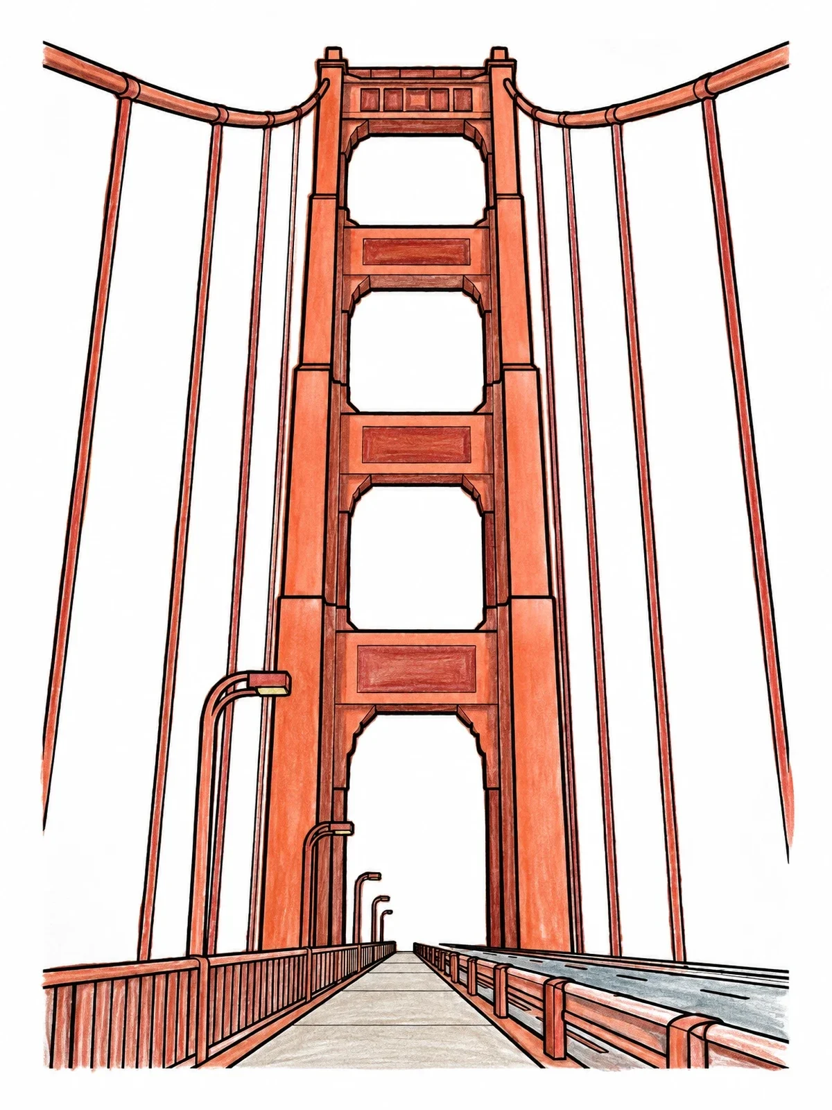 Colored example of the Golden Gate Bridge Tower Upward View coloring page