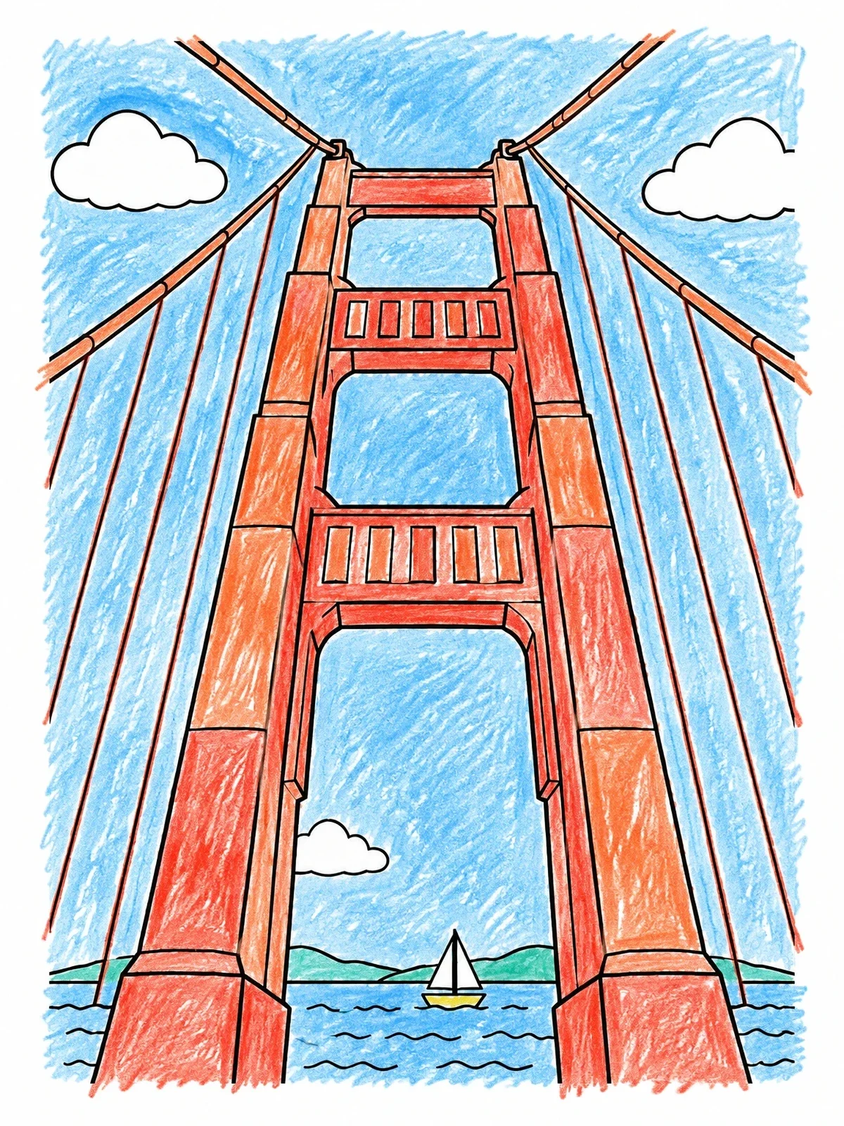 Colored example of the Golden Gate Bridge Tower Upward View coloring page
