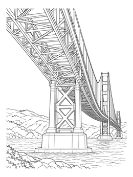 A low-angle view in this golden gate bridge coloring page shows intricate steel trusses and support towers over water.