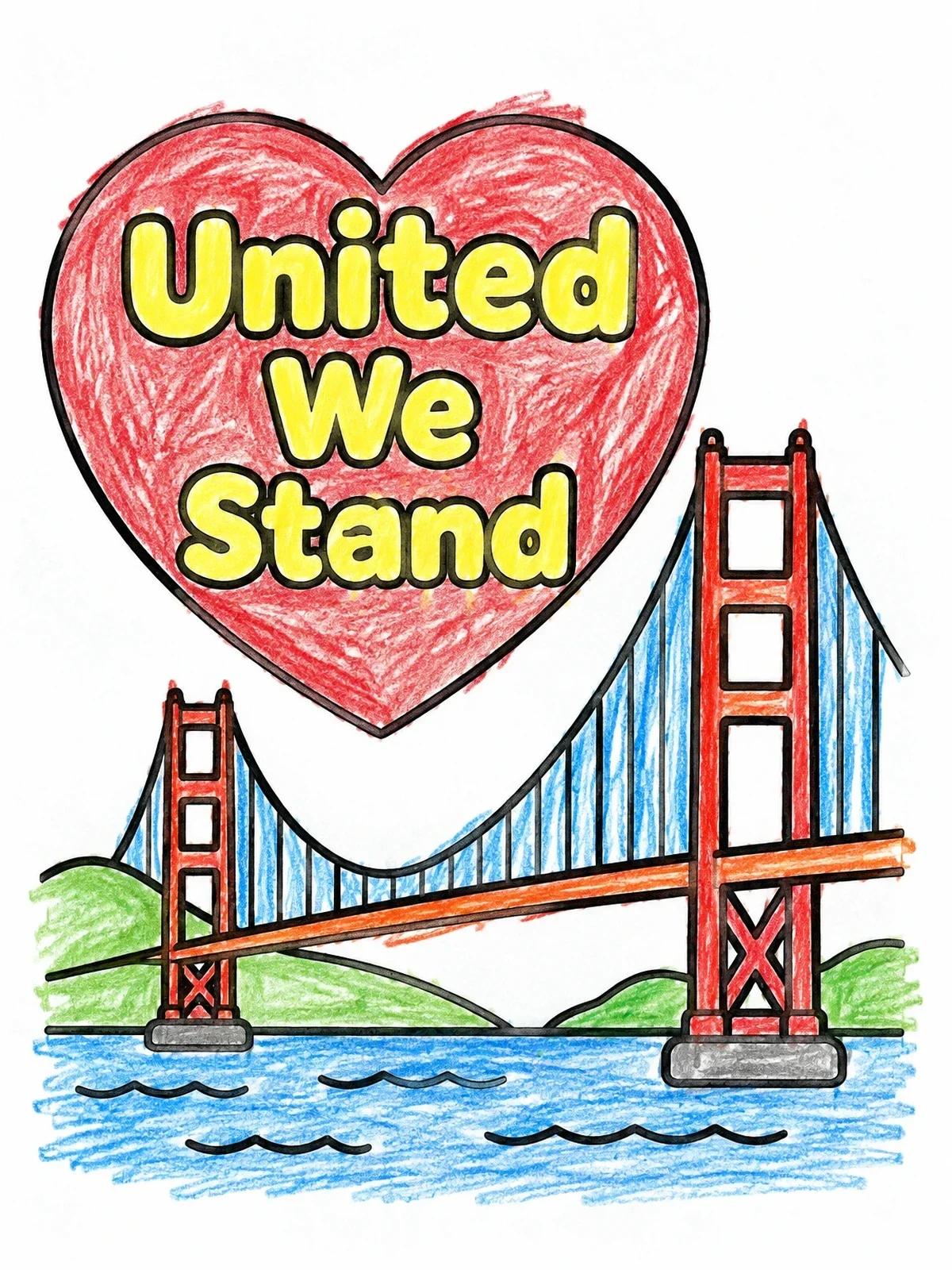 Colored example of the Golden Gate Bridge United We Stand coloring page