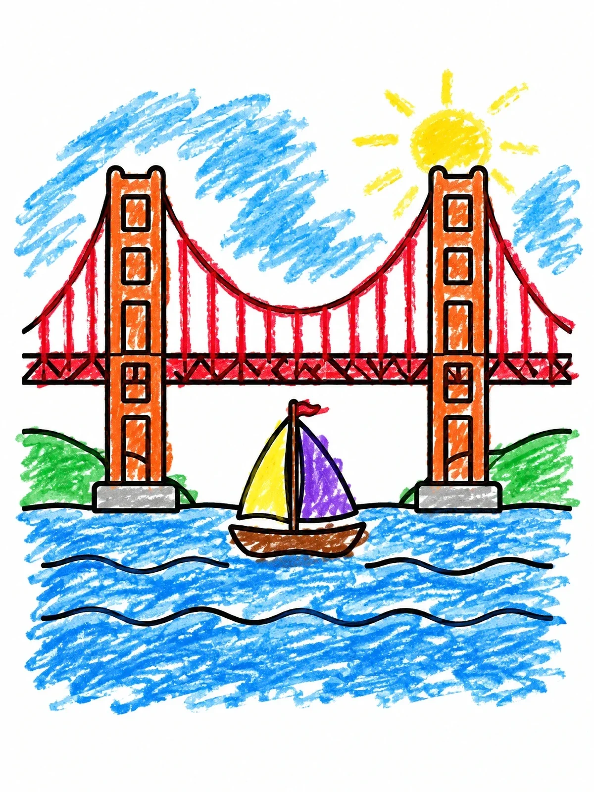 Colored example of the Golden Gate Bridge With Little Sailboat coloring page