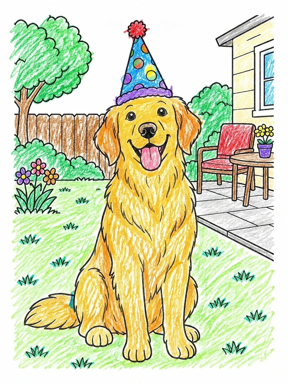 Colored example of the Golden Retriever With Party Hat In Backyard coloring page