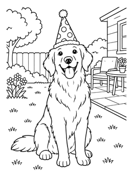 Free printable Golden Retriever With Party Hat In Backyard coloring page