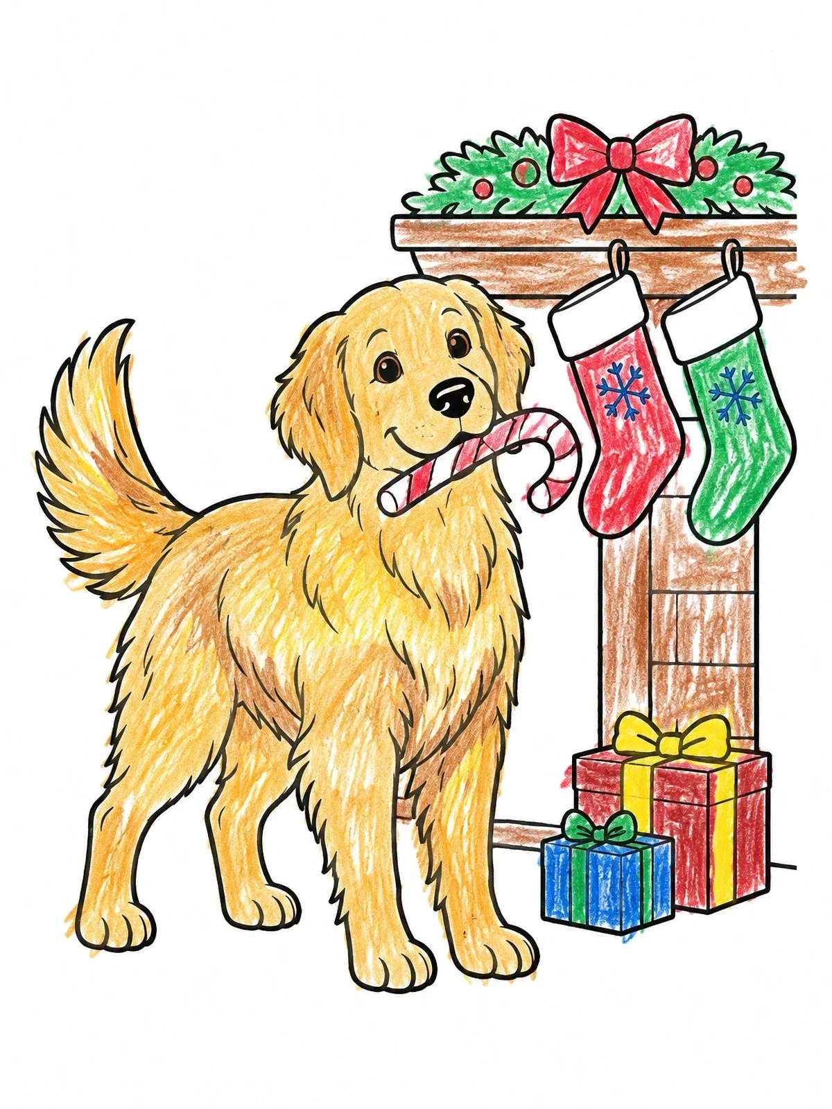 Colored example of the Golden Retriever With Christmas Candy Cane coloring page