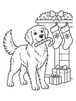 Free printable Golden Retriever With Christmas Candy Cane coloring page