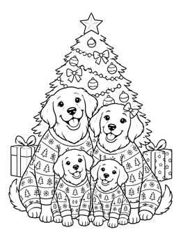 A golden retriever family in cozy holiday sweaters poses in this christmas pajamas coloring page.
