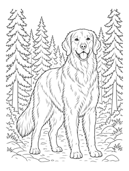 A detailed golden retriever coloring page standing proudly along a scenic pine forest path.