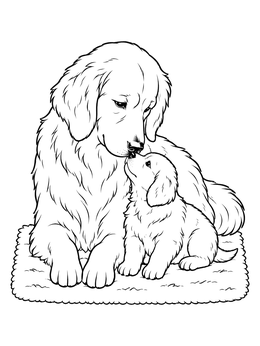 Mother dog and puppy cuddle together in this golden retriever coloring page.