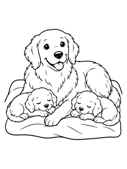 A golden retriever coloring page of a happy mother dog resting with two sleeping puppies.