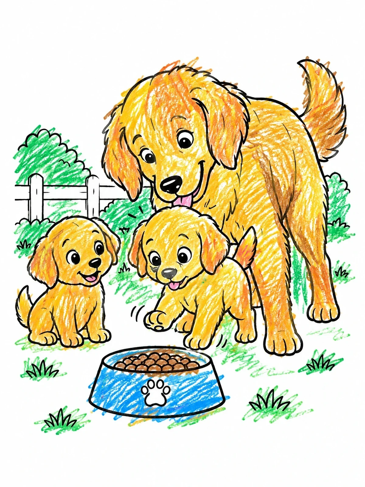 Colored example of the Golden Retriever Puppies At Mealtime coloring page