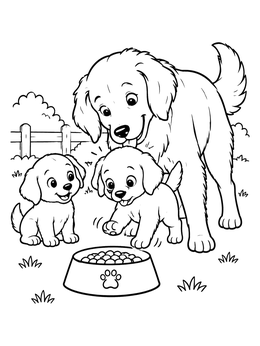 A sweet golden retriever coloring page featuring a mother dog and two puppies near a food bowl.