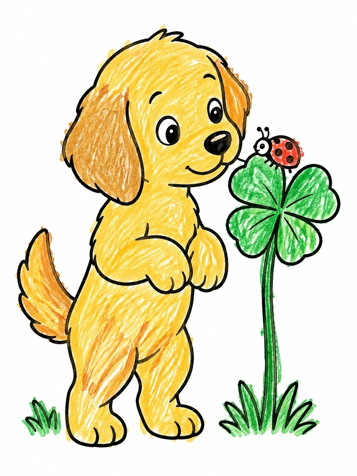 Colored example of the Puppy And Ladybug On Clover coloring page