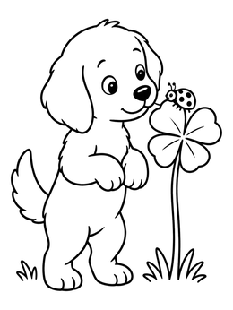 A playful golden retriever coloring page with a cute puppy standing up to look at a ladybug.