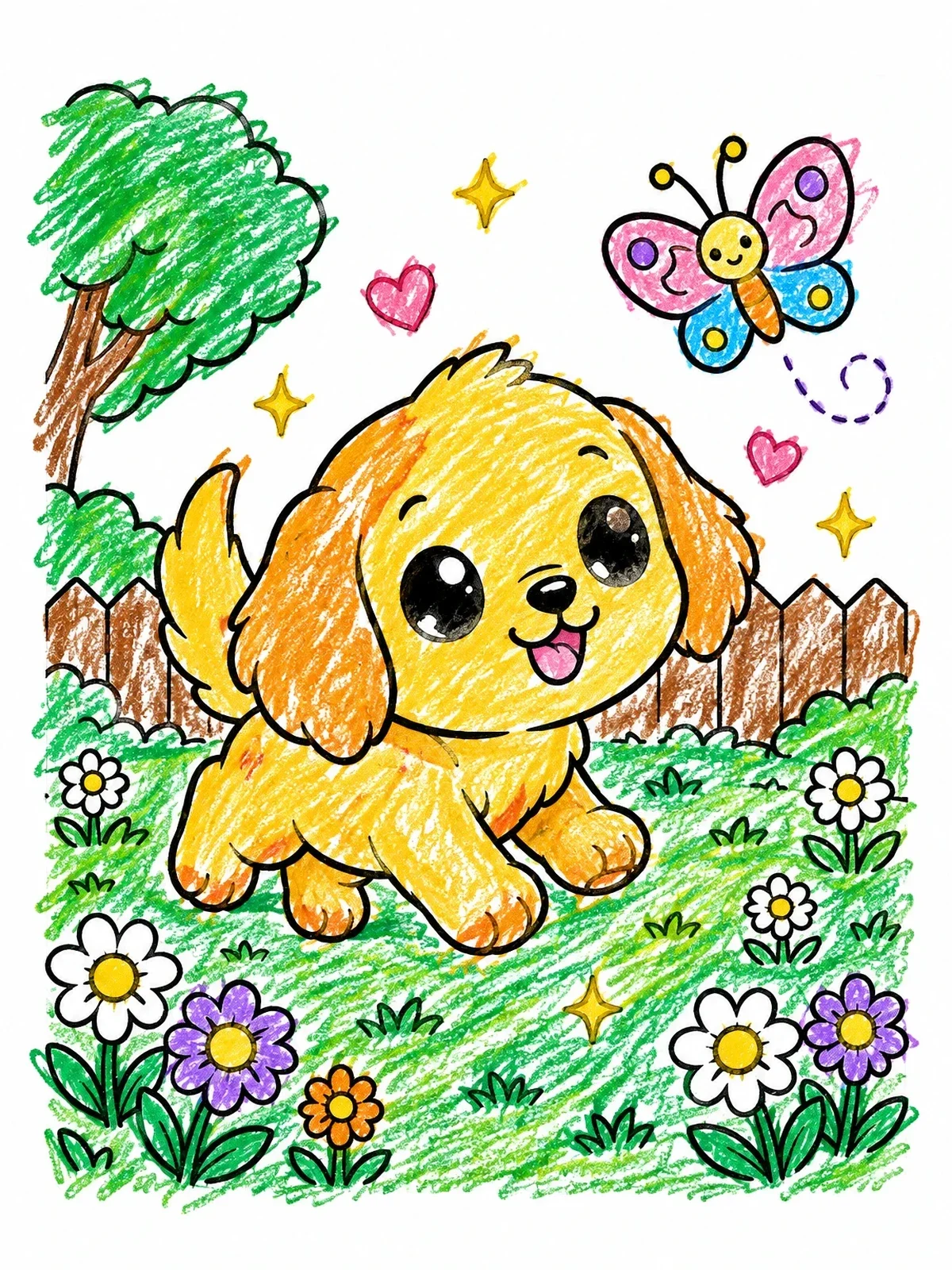 Colored example of the Cute Puppy And Butterfly In Garden coloring page