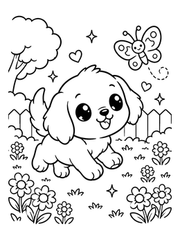 A cheerful puppy in a garden with a butterfly on this golden retriever coloring page.