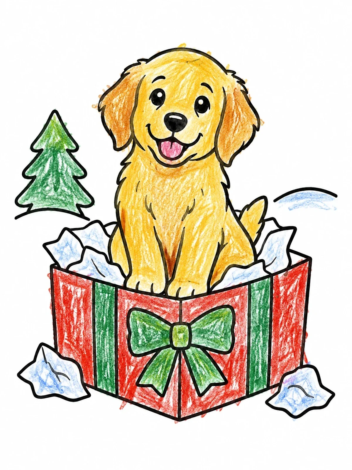 Colored example of the Golden Retriever Puppy In Gift Box coloring page