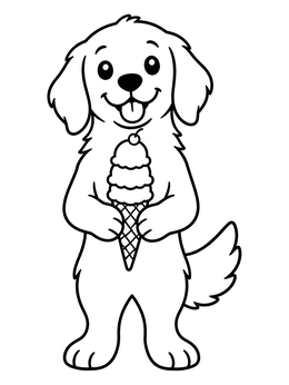 A golden retriever coloring page of a cute puppy holding an ice cream cone.