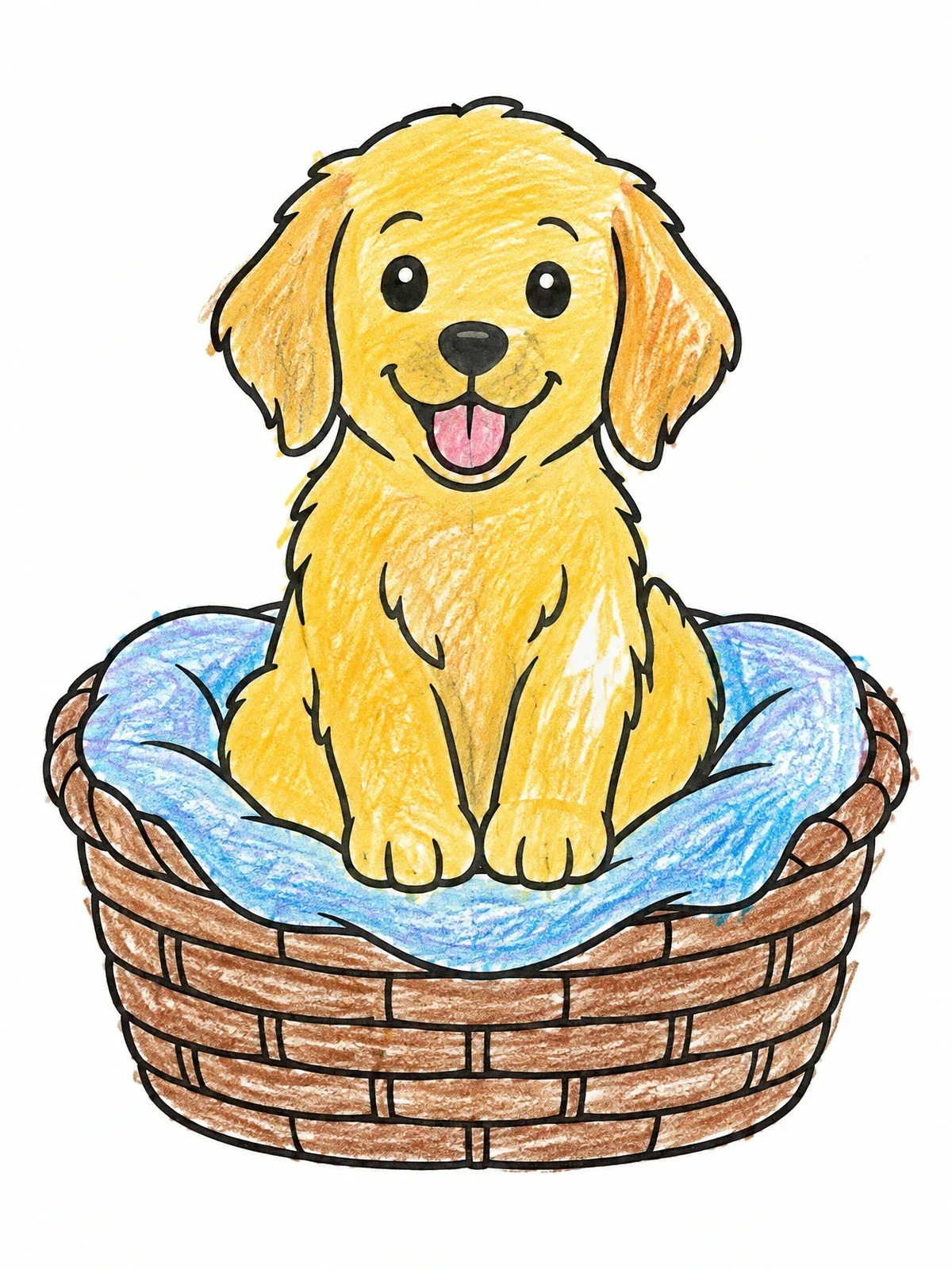Colored example of the Golden Retriever Puppy In Basket coloring page
