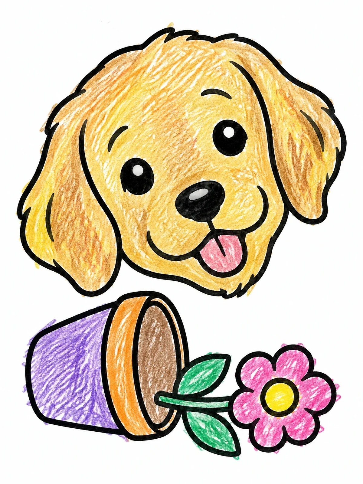Colored example of the Playful Puppy With Overturned Flowerpot coloring page