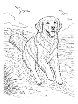 A cheerful golden retriever coloring page shows a dog splashing through ocean waves on the beach.