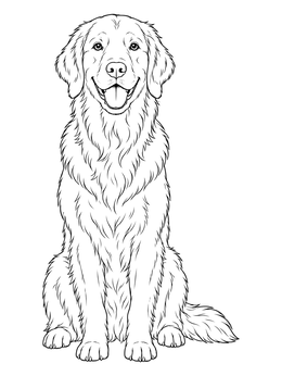 A smiling dog sits forward in this golden retriever coloring page.