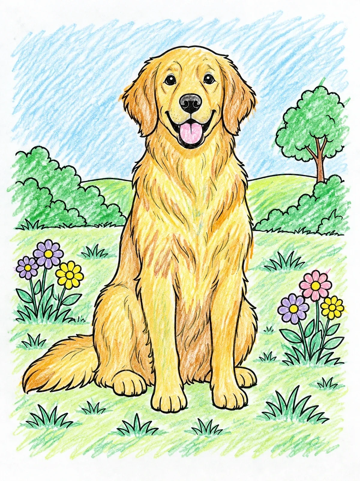 Colored example of the Happy Golden Retriever In The Meadow coloring page