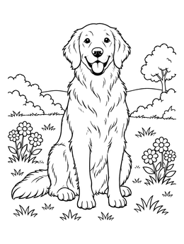 Free printable Happy Golden Retriever In The Meadow coloring page