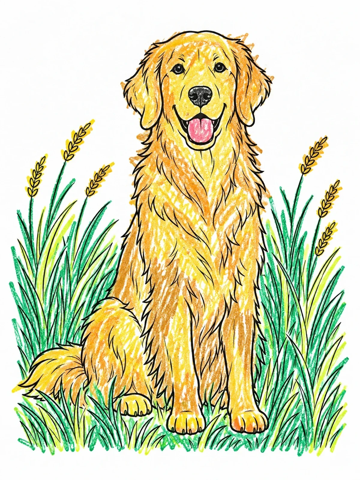 Colored example of the Golden Retriever Sitting In Tall Grass coloring page
