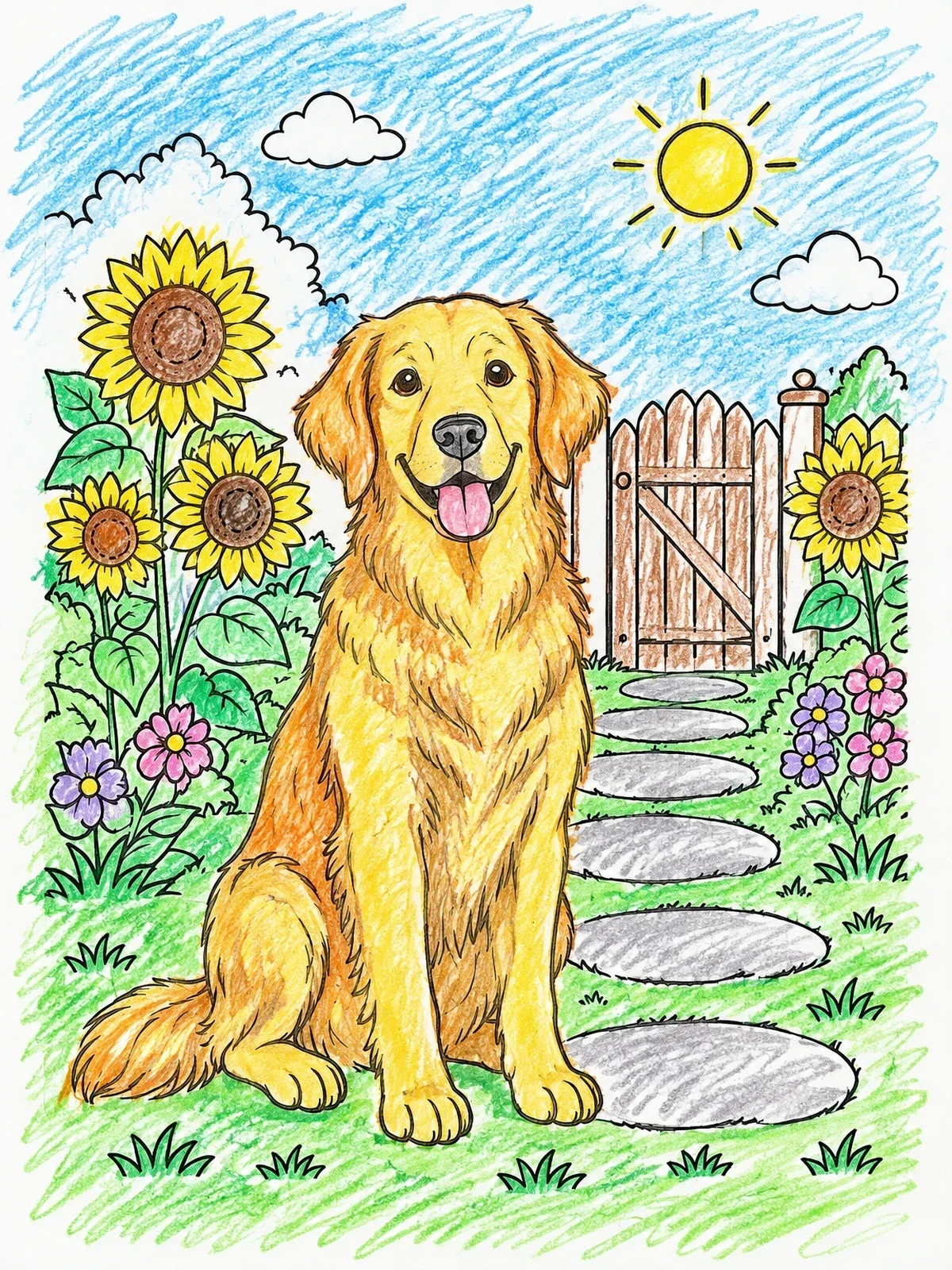 Colored example of the Golden Retriever In Sunflower Garden coloring page