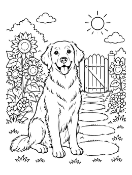 A happy dog in this sunny golden retriever coloring page with sunflowers and garden gate.