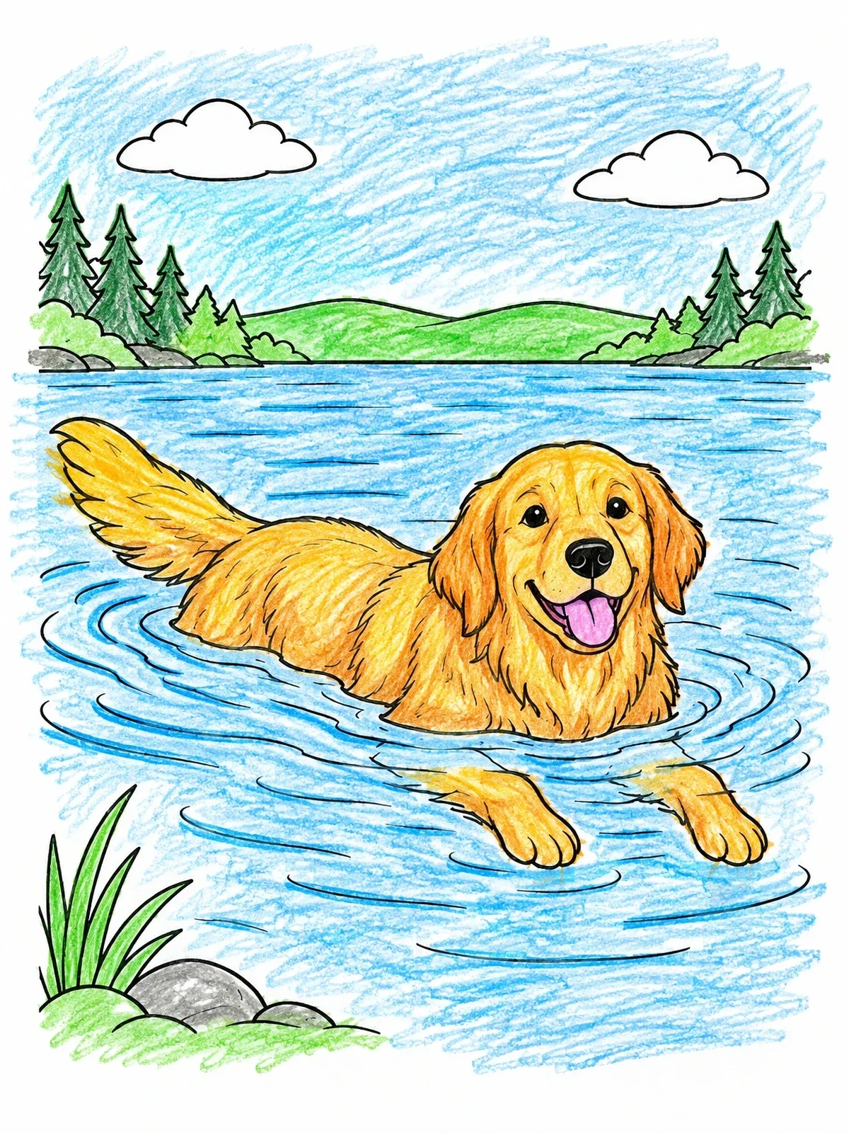 Colored example of the Happy Golden Retriever Swimming In Lake coloring page