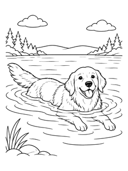 Free printable Happy Golden Retriever Swimming In Lake coloring page