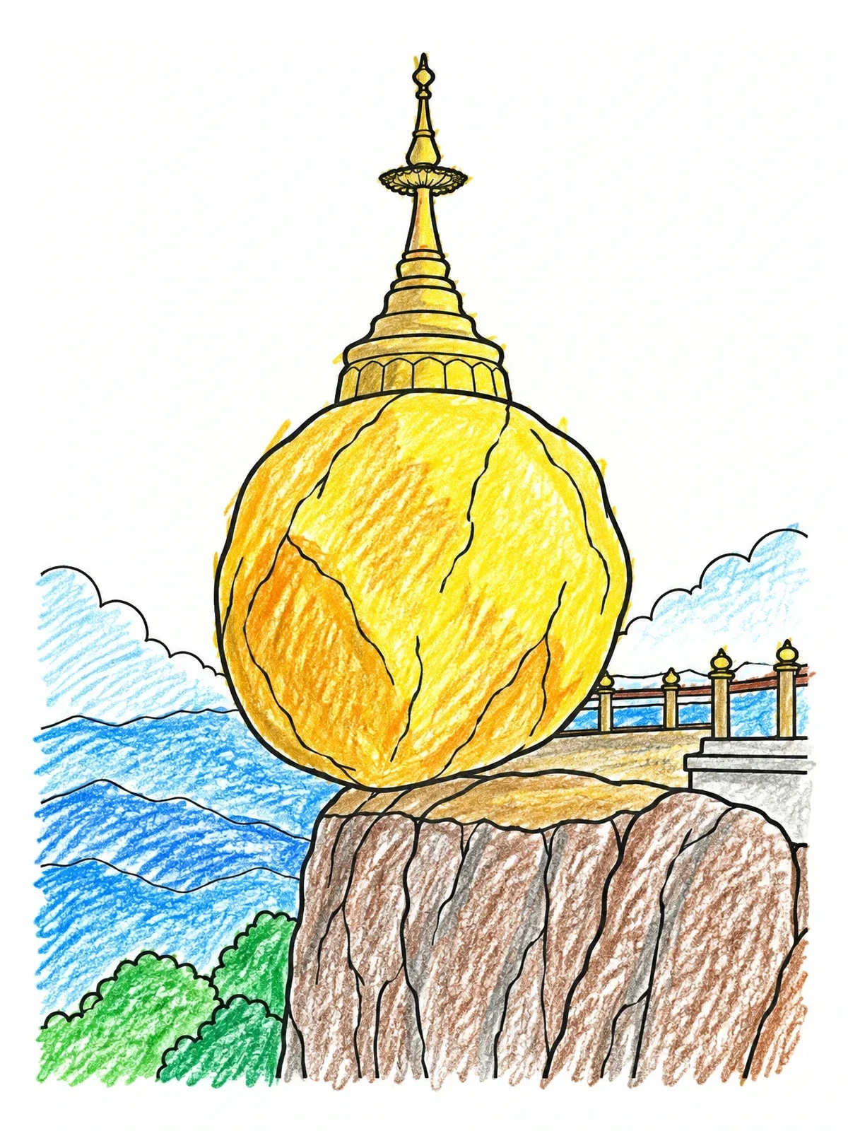 Colored example of the Sacred Golden Rock Of Kyaiktiyo coloring page
