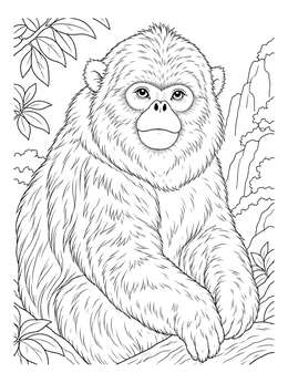 Detailed golden snub-nosed monkey coloring page perched on a tree branch.
