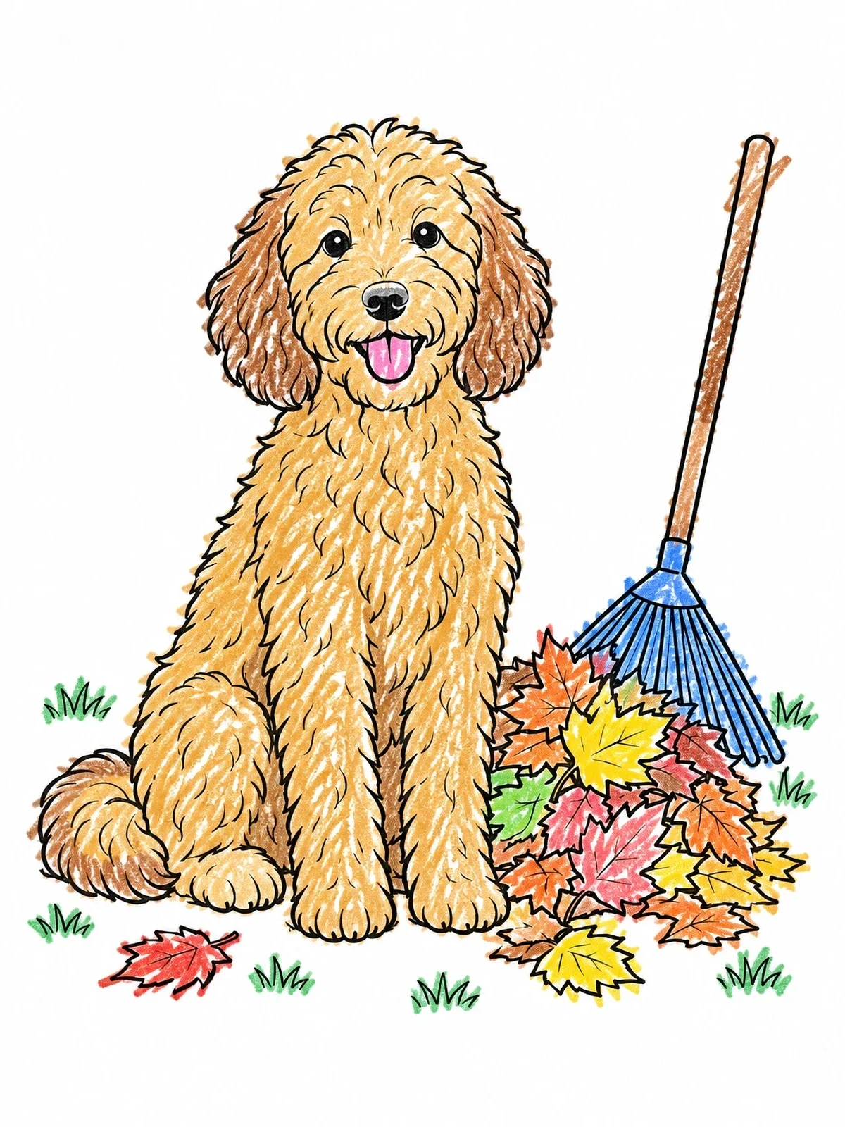 Colored example of the Goldendoodle With Autumn Leaves And Rake coloring page