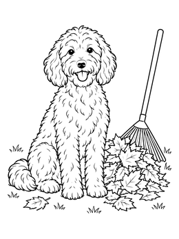 Free printable Goldendoodle With Autumn Leaves And Rake coloring page
