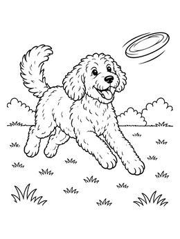 Free printable Playful Goldendoodle Chasing A Flying Disc coloring page