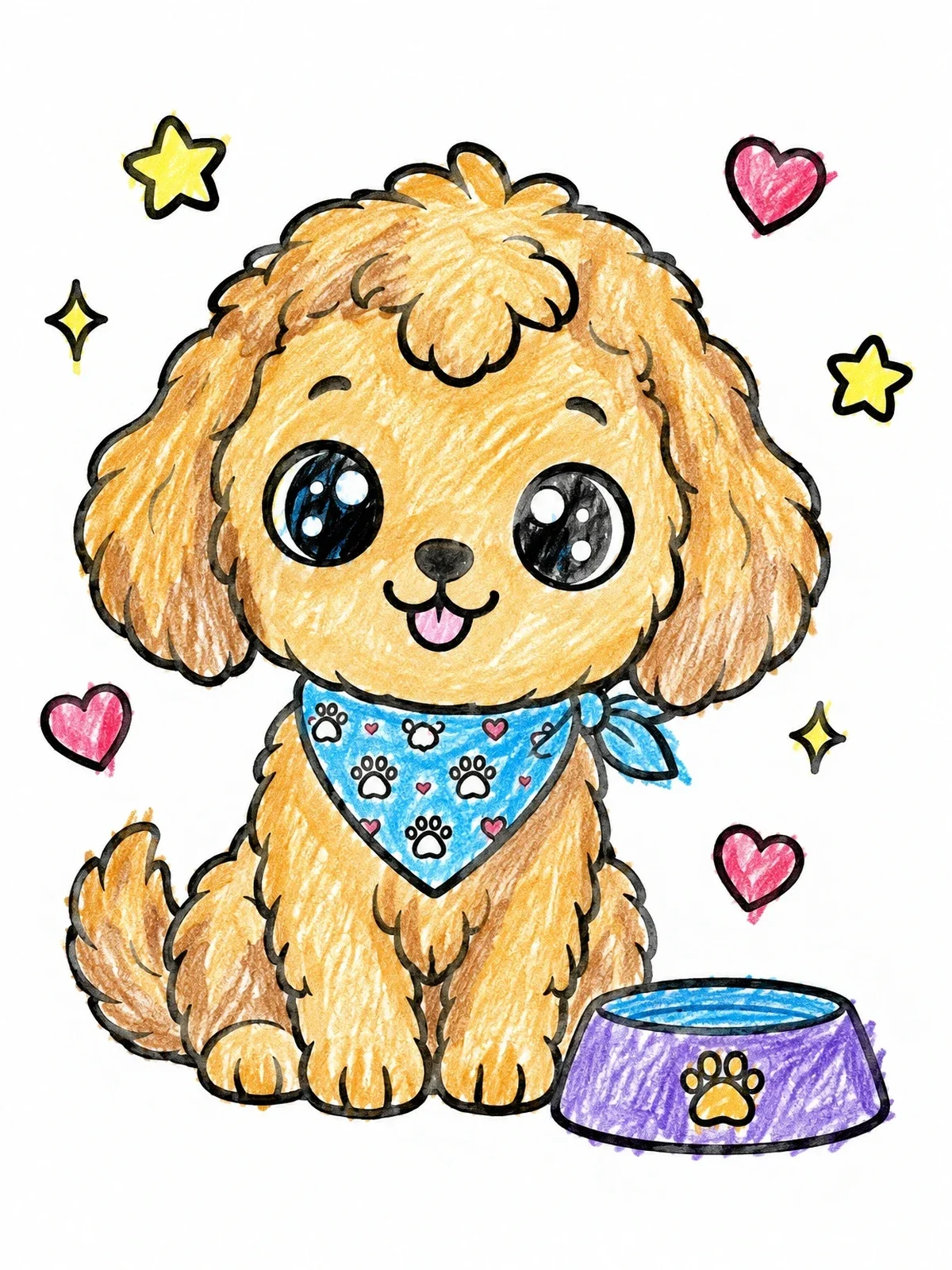 Colored example of the Cute Puppy With Bandanna And Bowl coloring page