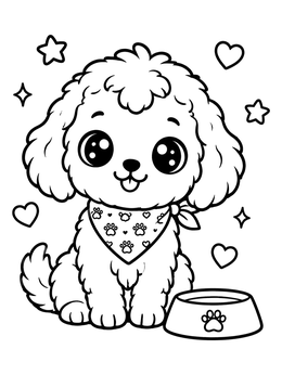 Free printable Cute Puppy With Bandanna And Bowl coloring page