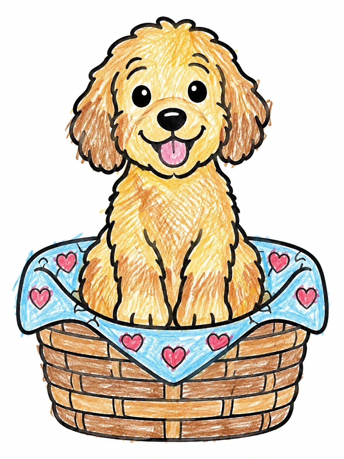 Colored example of the Cute Puppy In A Basket coloring page