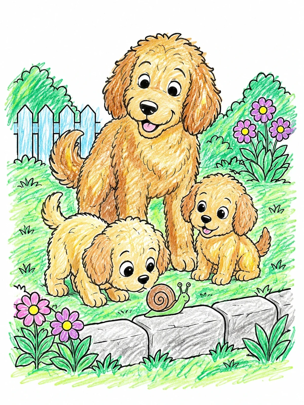 Colored example of the Goldendoodle Family Watching A Garden Snail coloring page