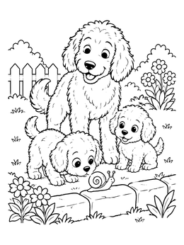 Free printable Goldendoodle Family Watching A Garden Snail coloring page
