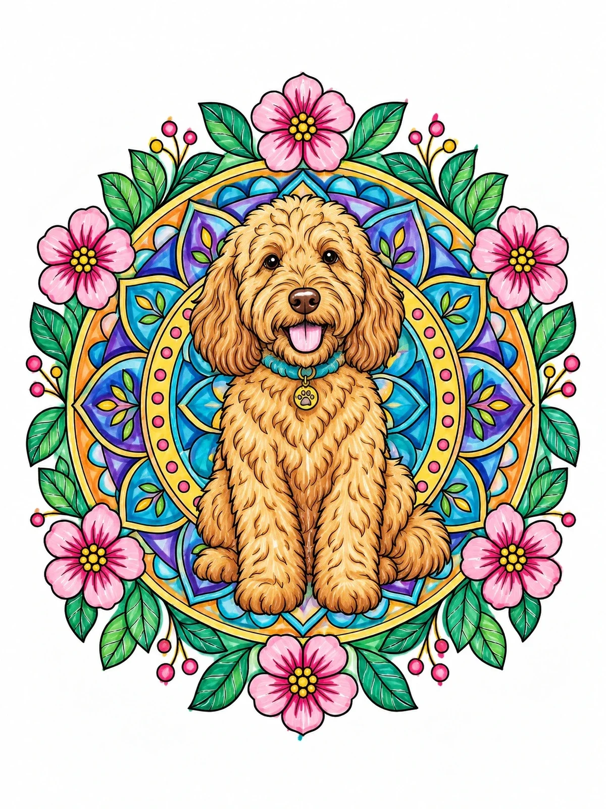 Colored example of the Goldendoodle With Floral Mandala coloring page