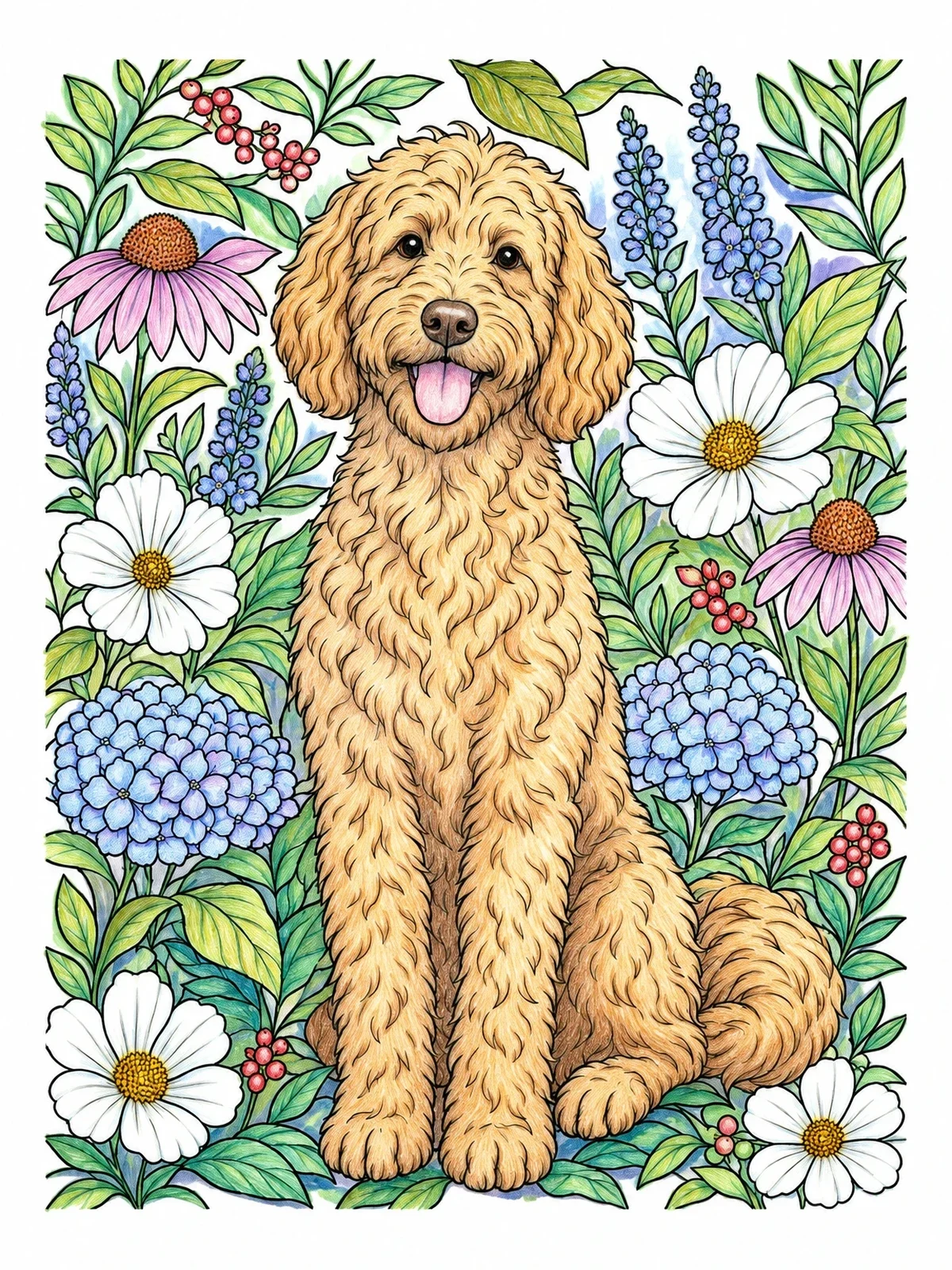 Colored example of the Fluffy Goldendoodle In Blooming Garden coloring page