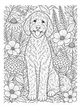 Free printable Fluffy Goldendoodle In Blooming Garden coloring page