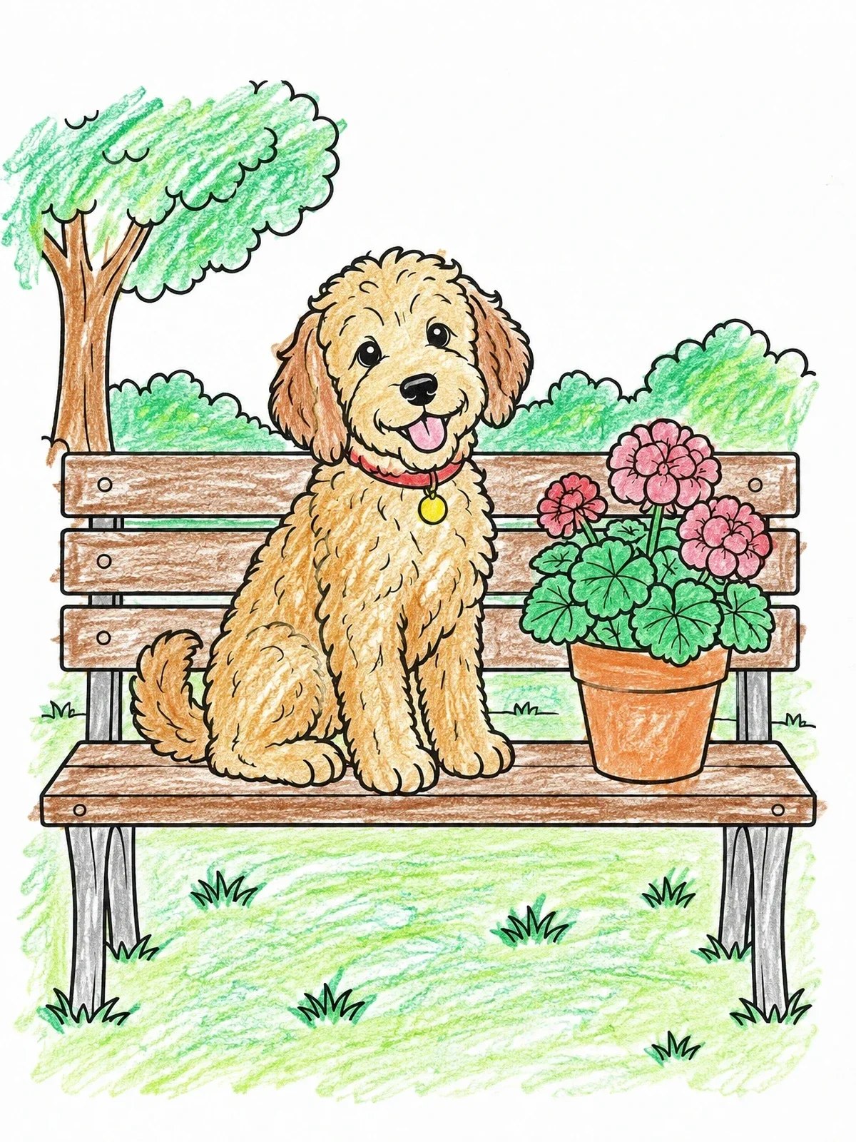 Colored example of the Goldendoodle On Park Bench coloring page