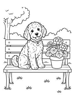 Free printable Goldendoodle On Park Bench coloring page
