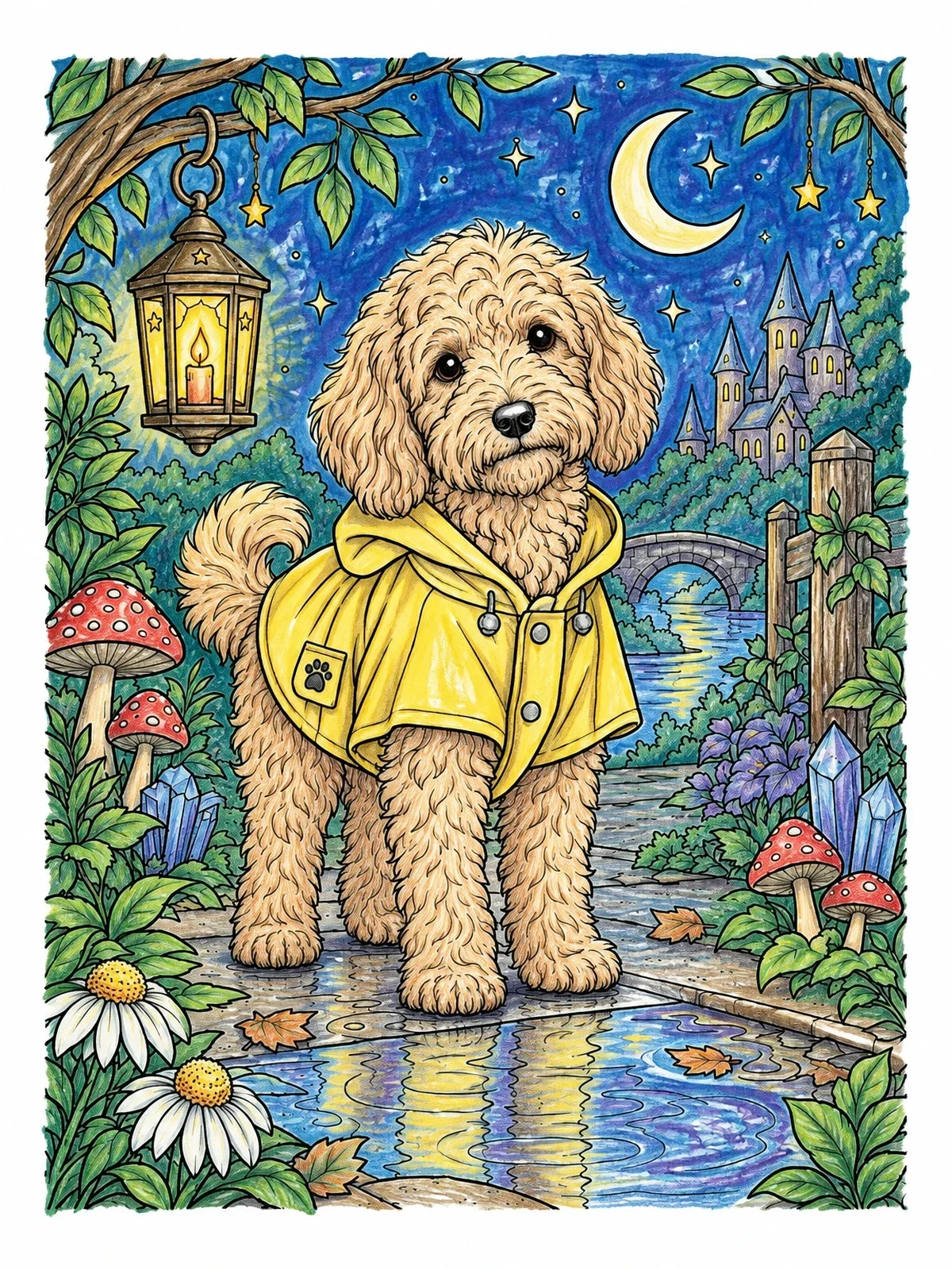 Colored example of the Goldendoodle In Raincoat By Night coloring page