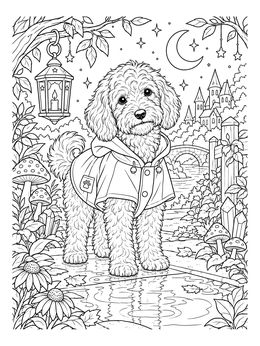 Free printable Goldendoodle In Raincoat By Night coloring page