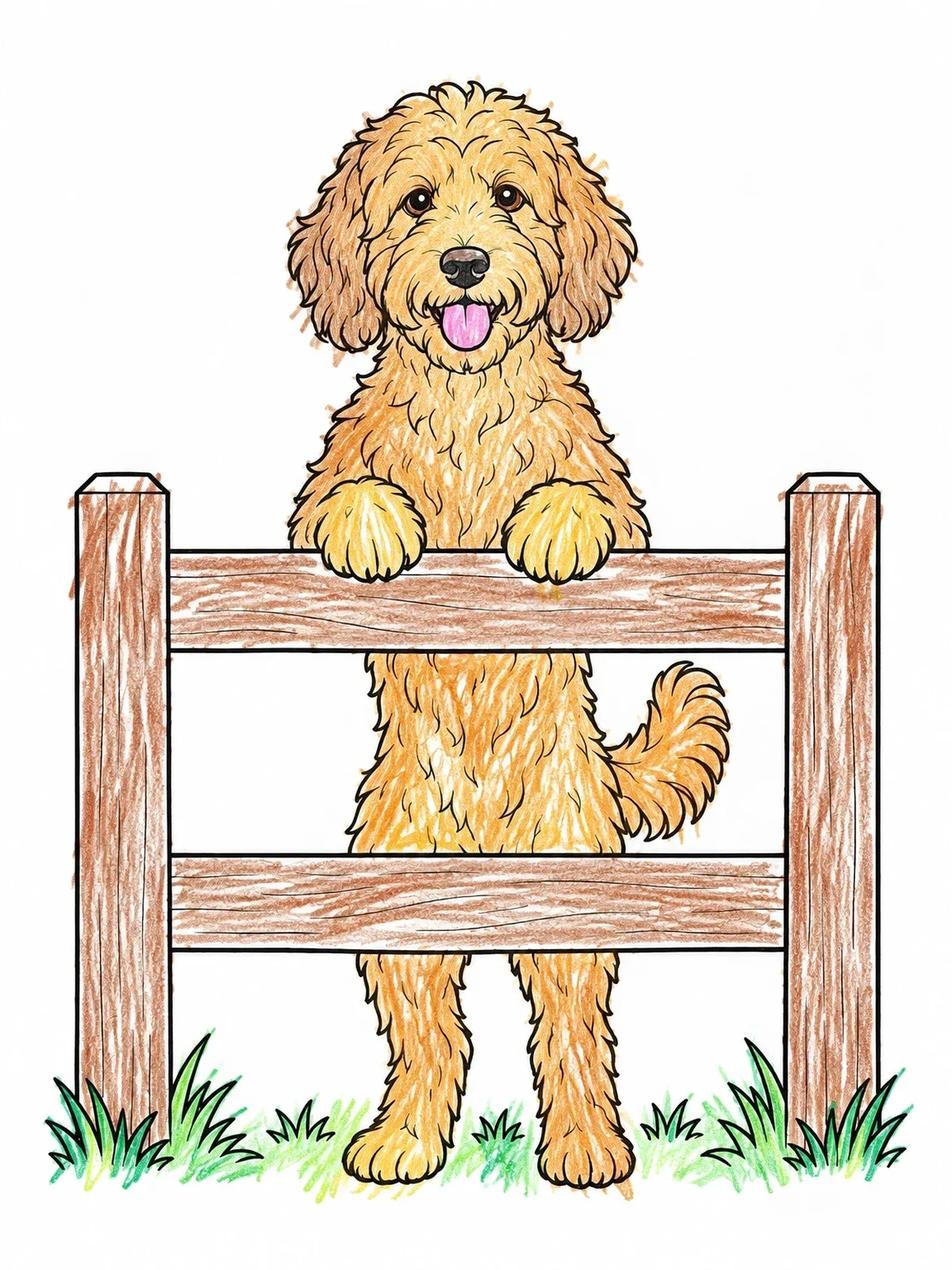 Colored example of the Goldendoodle Standing By A Wooden Fence coloring page
